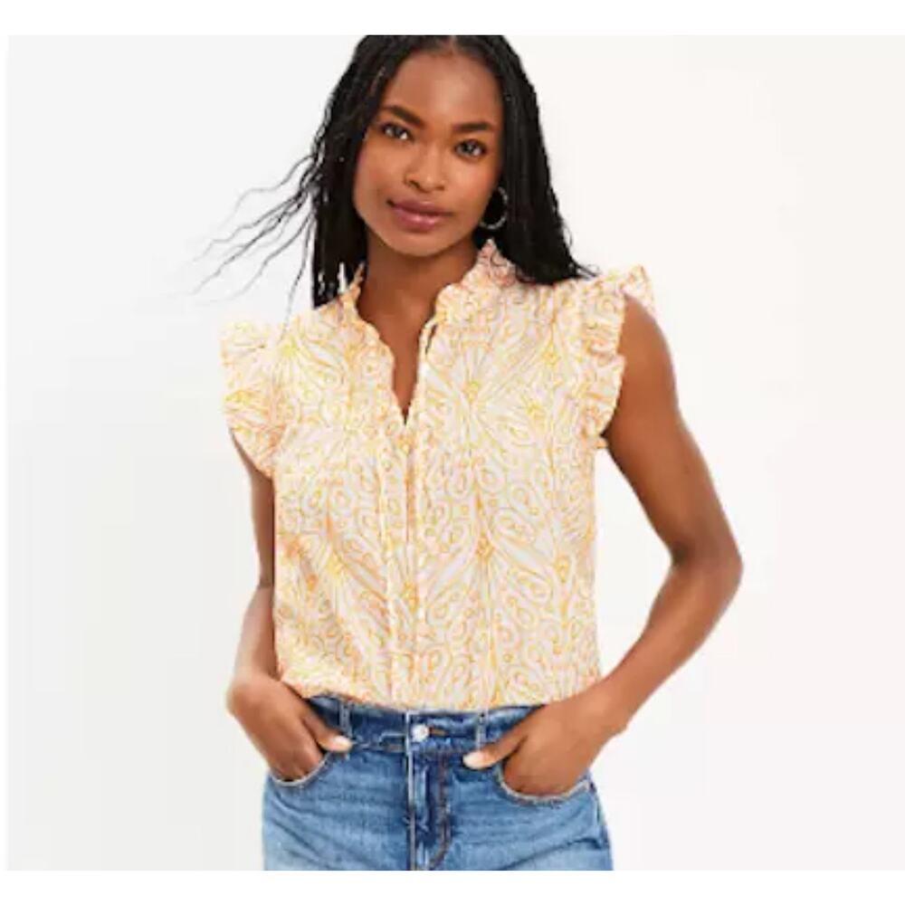 LOFT flutter sleeve tie neck yellow embroidered cotton top XS 
NWT